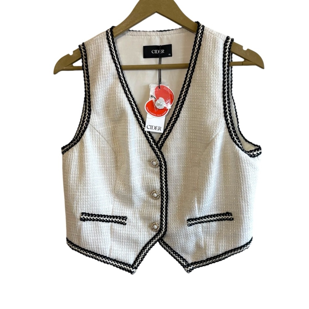 NEW Cider Size XL Tweed White Black Button Up Vest Old Money Preppy Classic